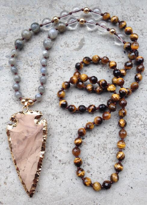 Natural Agate, Clear Quartz, Tiger's Eye, Labradorite & Jasper Arrowhead Pendant Necklace