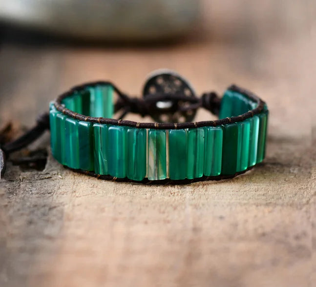 Natural Green Onyx Leather Cuff Wrap Bracelet