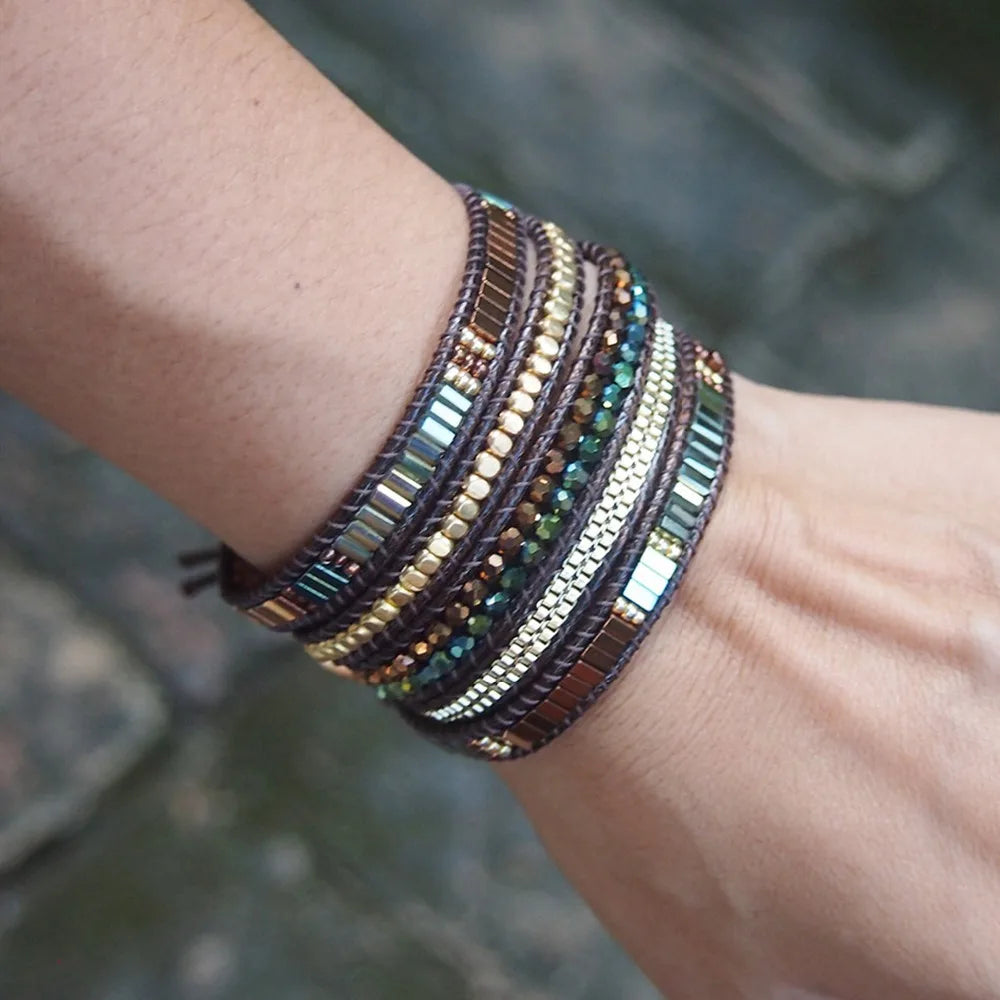 Handmade Brass, Steel & Mixed Crystal Beads Vegan Wrap Bracelet