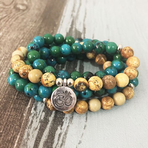 Natural Chrysocolla & Jasper 108 Beads Mala Necklace Wrap Bracelet