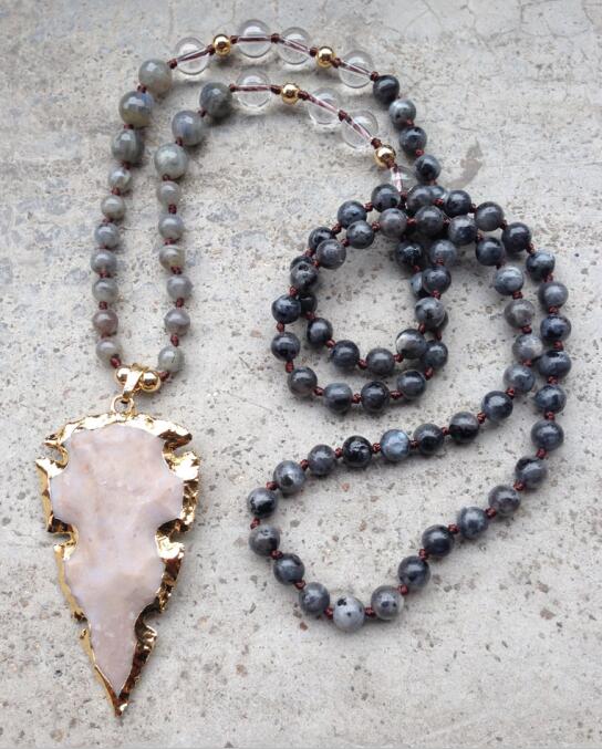 Natural Agate, Clear Quartz, Tiger's Eye, Labradorite & Jasper Arrowhead Pendant Necklace