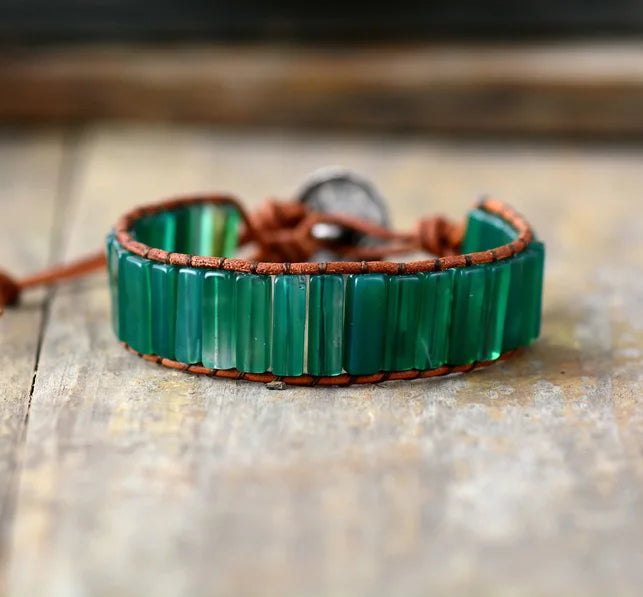 Natural Green Onyx Leather Cuff Wrap Bracelet