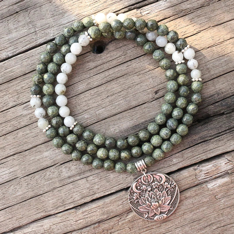 Natural Green Zebra Jasper & Labradorite 108 Beads Mala