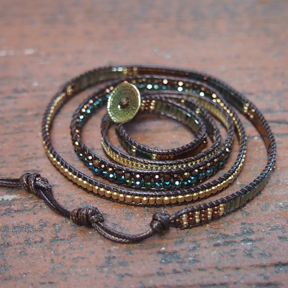 Handmade Brass, Steel & Mixed Crystal Beads Vegan Wrap Bracelet