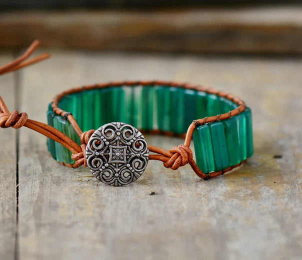 Natural Green Onyx Leather Cuff Wrap Bracelet