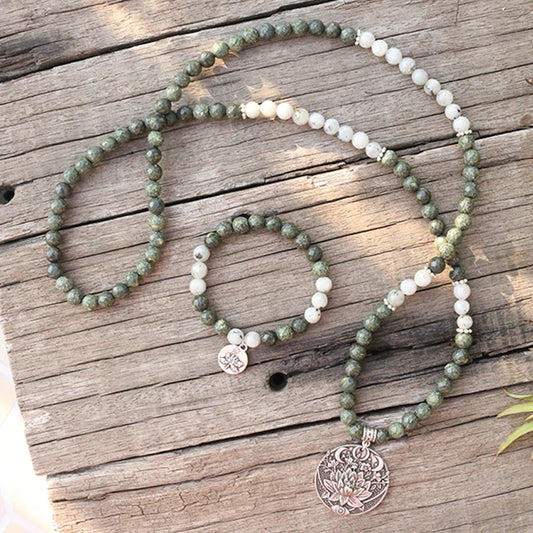 Natural Green Zebra Jasper & Labradorite 108 Beads Mala