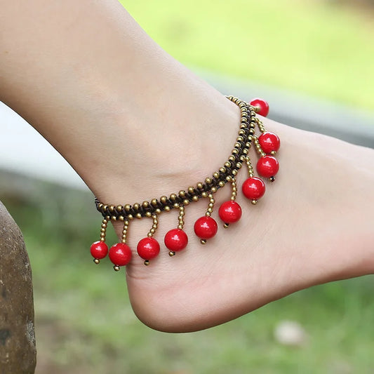 Natural Red Jasper Brass Anklet