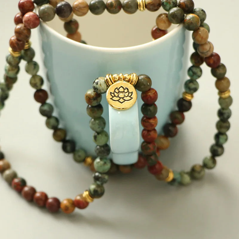 Natural Picasso Jasper & African Turquoise 108 Beads Mala