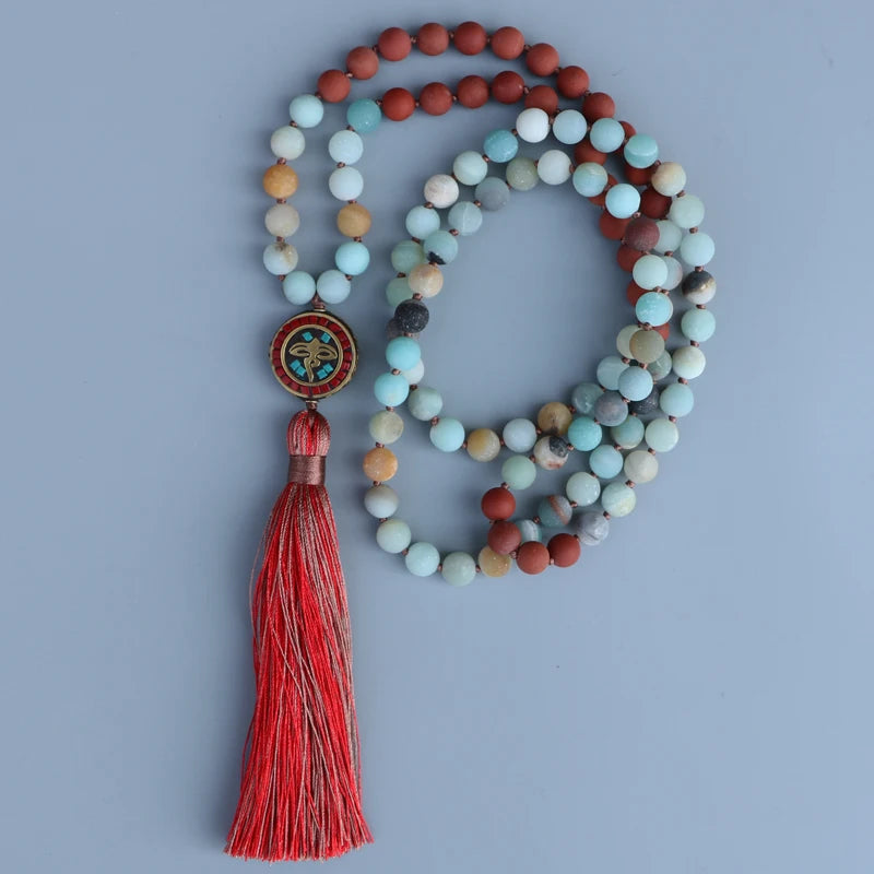 Natural Matte Amazonite & Red Jasper Nepalese 108 Beads Mala