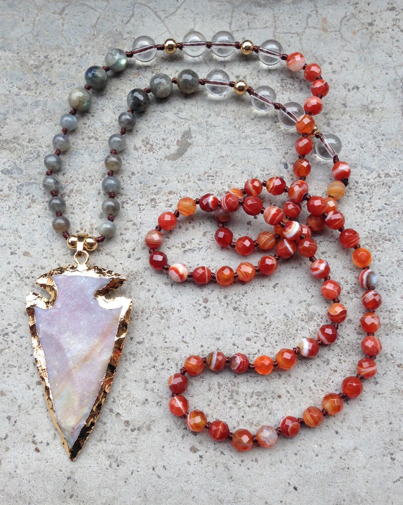 Natural Agate, Clear Quartz, Tiger's Eye, Labradorite & Jasper Arrowhead Pendant Necklace