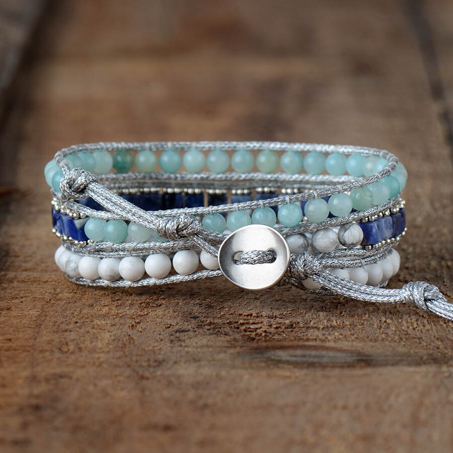 Natural Amazonite, Howlite & Sodalite Vegan Wrap Bracelet