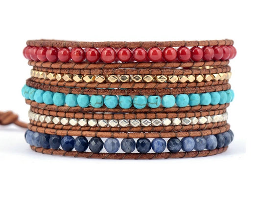 Natural Red Jasper, Turquoise & Sodalite Leather Wrap Bracelet