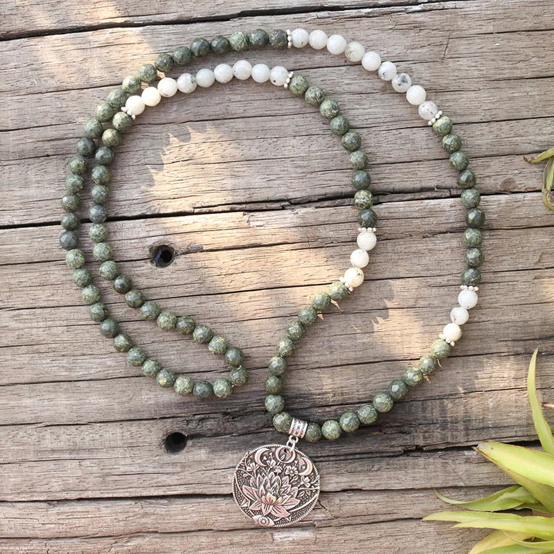 Natural Green Zebra Jasper & Labradorite 108 Beads Mala