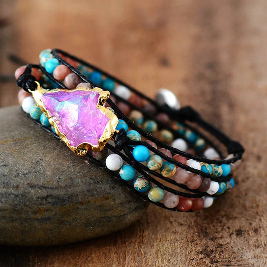 Natural Mixed Stones Arrowhead Vegan Wrap Bracelet