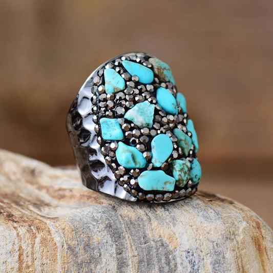 Natural Turquoise & Rhinestone Cuff Ring