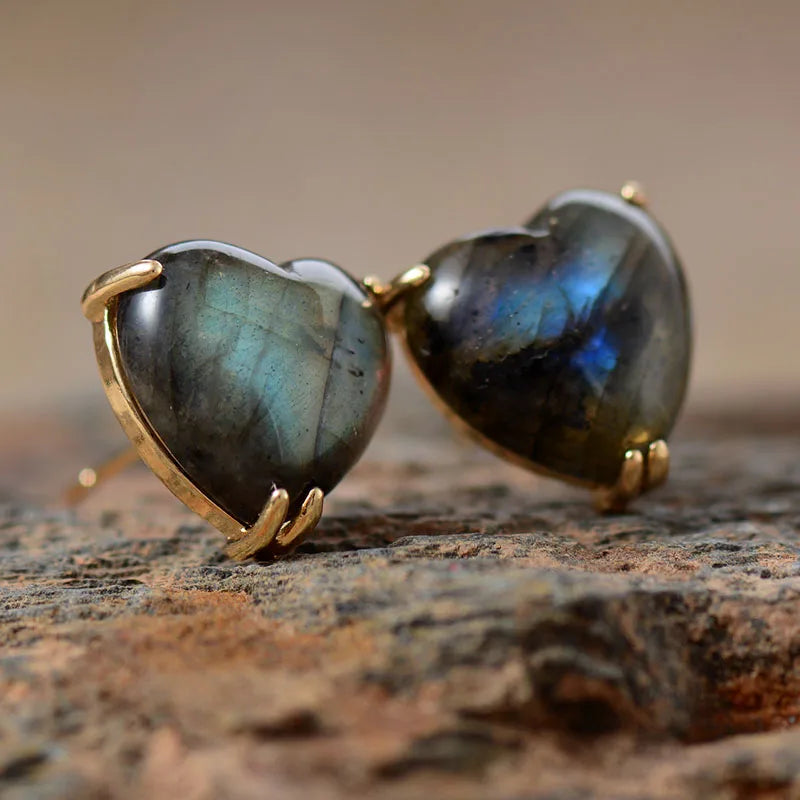 Natural Labradorite Heart Stud Earrings