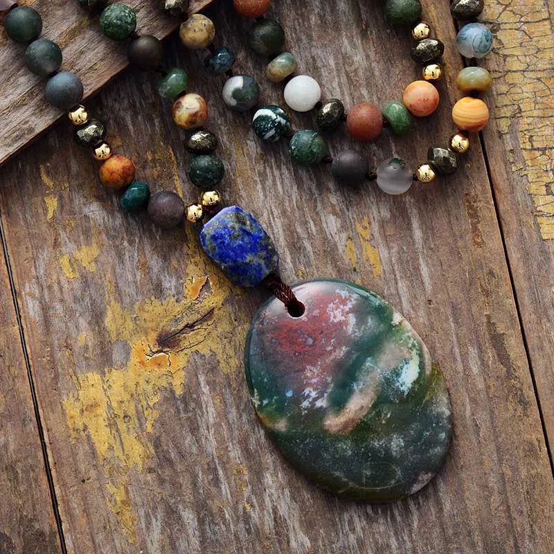 Natural Indian Agate & Lapis Lazuli Bohemian Necklace