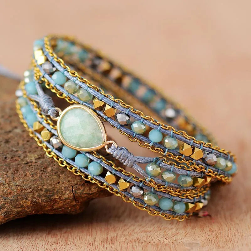 Natural Amazonite & Bling Crystals Wrap Bracelet