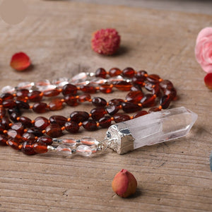 Natural Red Garnet & Clear Quartz Wand Necklace