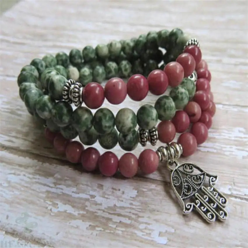 Natural Green Jasper & Rhodonite Hamsa Hand 108 Beads Mala