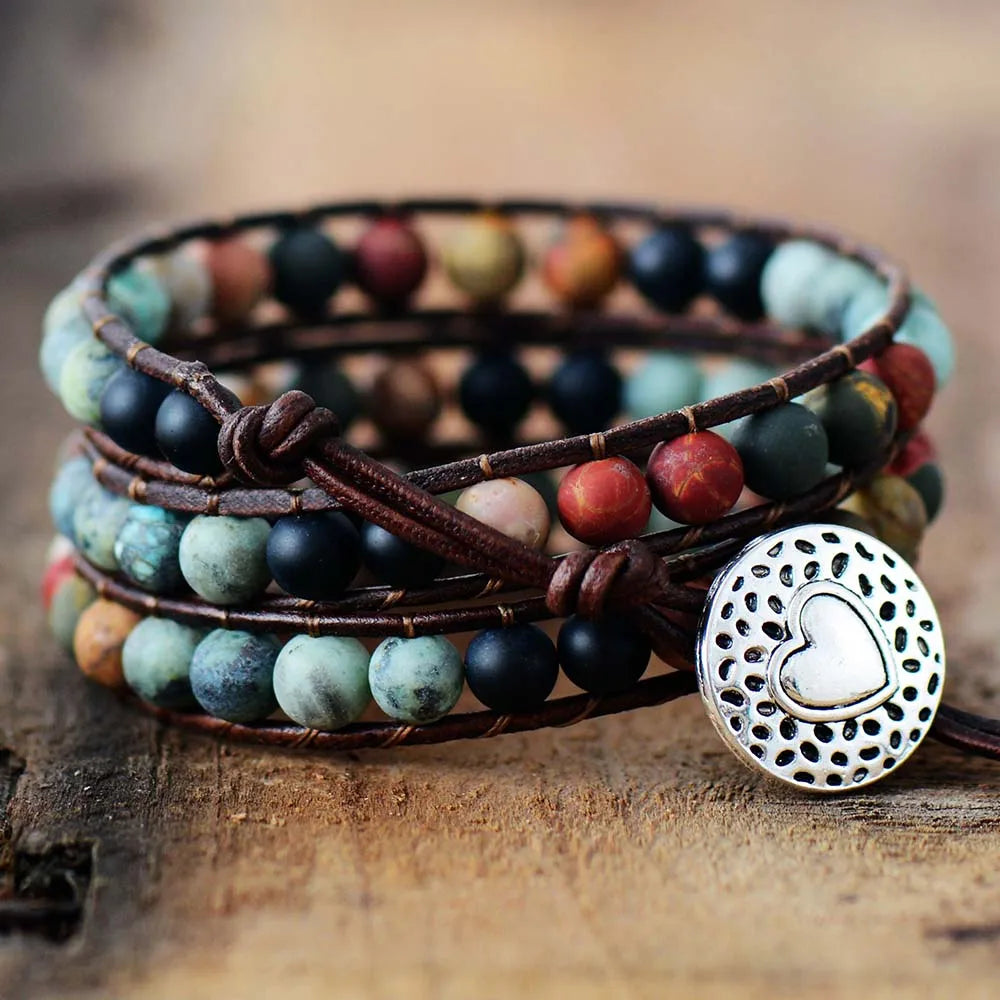 Natural Jasper, African Turquoise & Onyx Wrap Bracelets