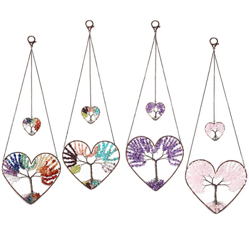 Natural Mixed Gemstones Tree of Life Heart Wall Hanging