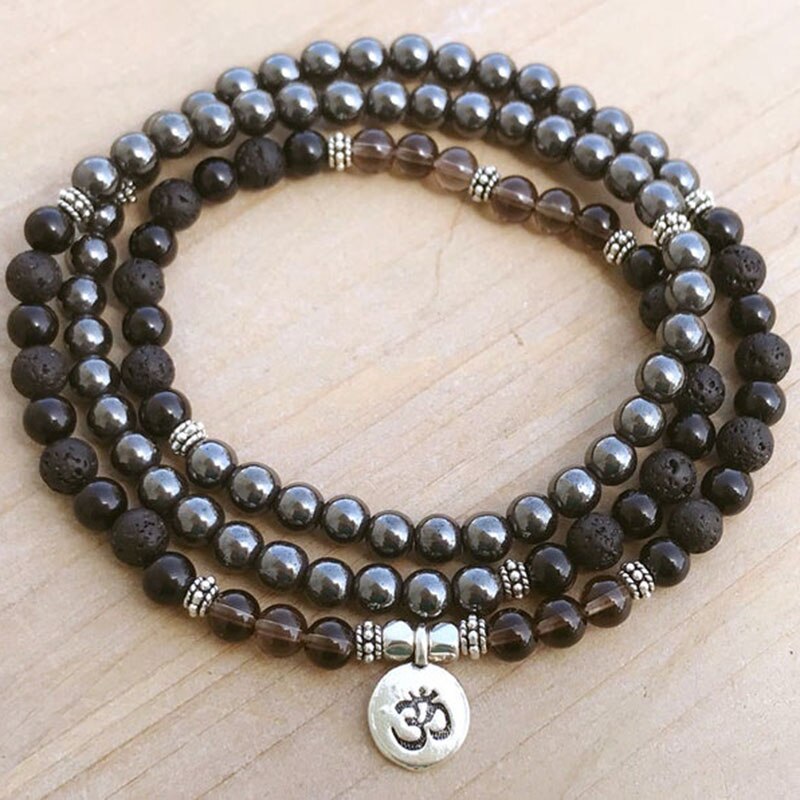 Natural Hematite, Onyx, Lava Stone & Smokey Quartz 108 Beads Mala Necklace Wrap Bracelet