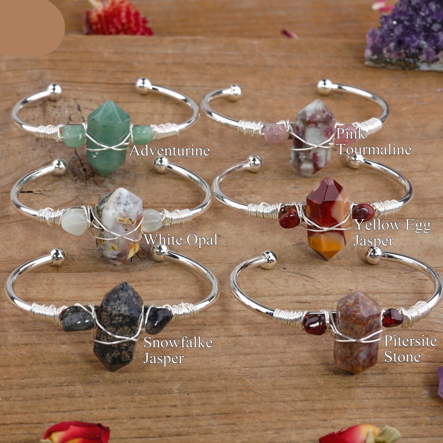 Natural Gemstone Double-Point Wand Cuff Bracelet
