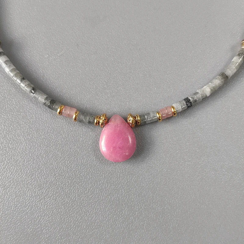 Natural Labradorite & Pink Agate Boho Choker Necklace