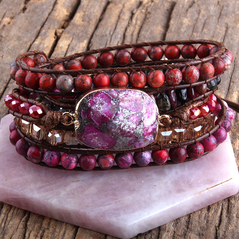 Natural Jasper & Tourmaline Vegan Leather Wrap Bracelet