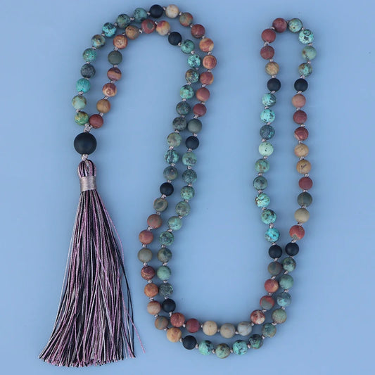 Natural Matte African Turquoise, Picasso Jasper & Onyx 108 Beads Mala