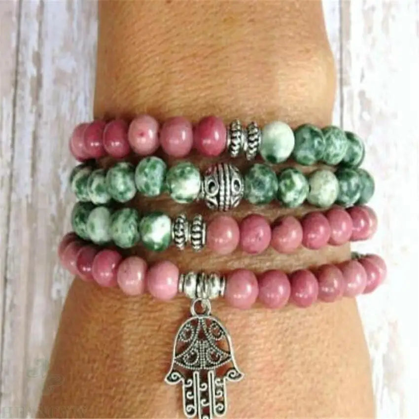 Natural Green Jasper & Rhodonite Hamsa Hand 108 Beads Mala