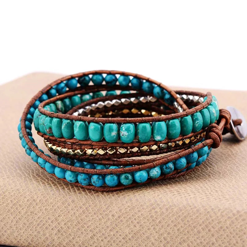 Natural Turquoise Jasper Leather Wrap Bracelet