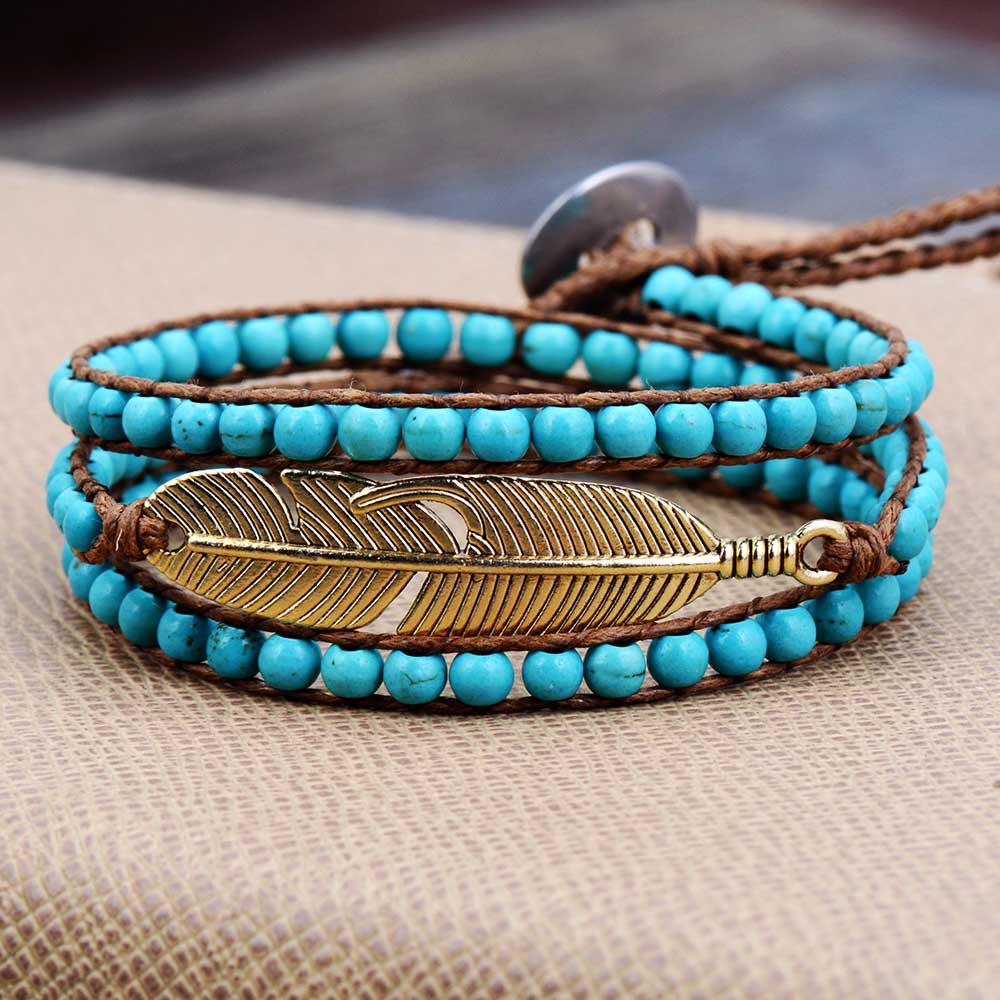 Natural Turquoise / Sodalite Antique Golden Feather Wrap Bracelet