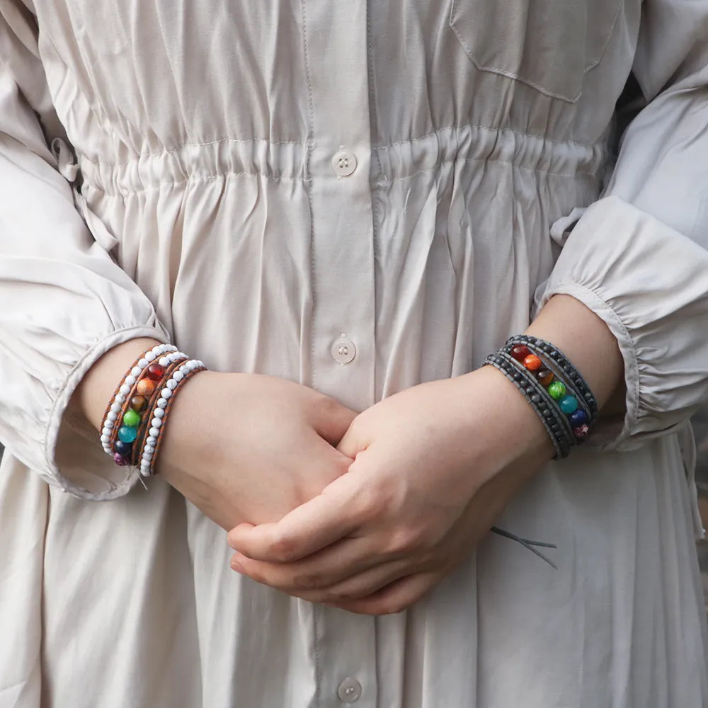 Natural 7 Chakras Stones, Howlite, Labradorite & Onyx Wrap Bracelet