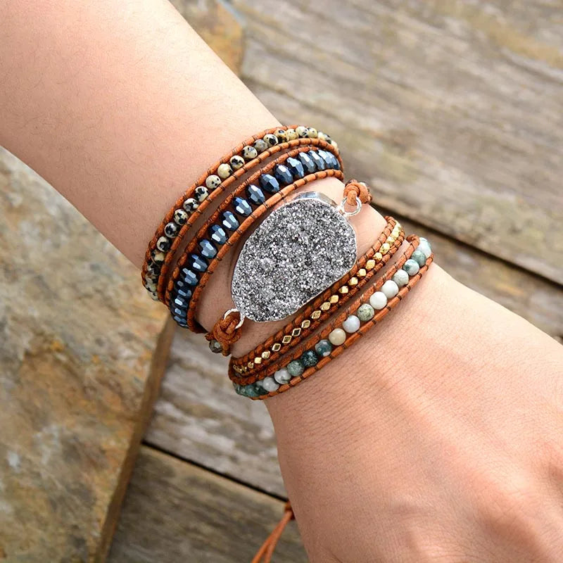 Natural Jasper, Agate & Gilded Druzy Charm Leather Wrap Bracelet