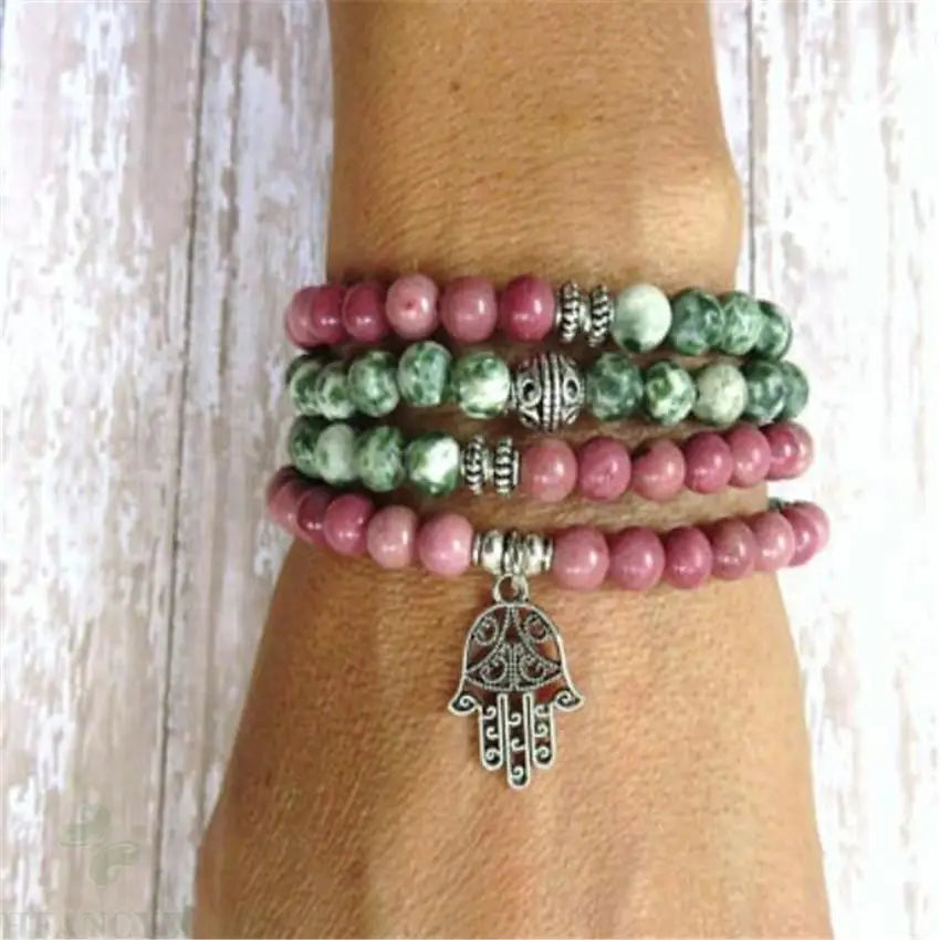 Natural Green Jasper & Rhodonite Hamsa Hand 108 Beads Mala