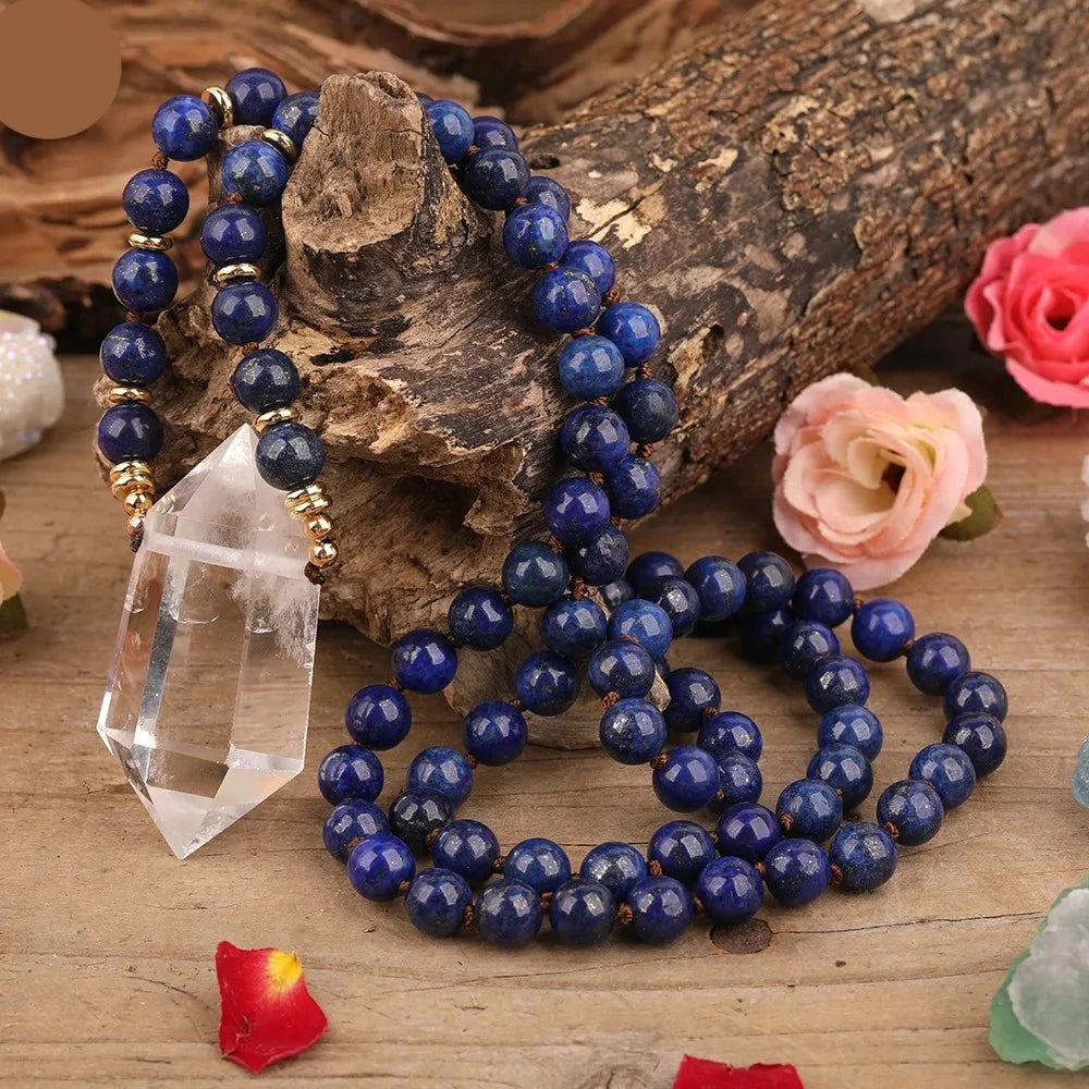 Natural Natural Lapis Lazuli & Clear Quartz Double Point Pendant Necklace