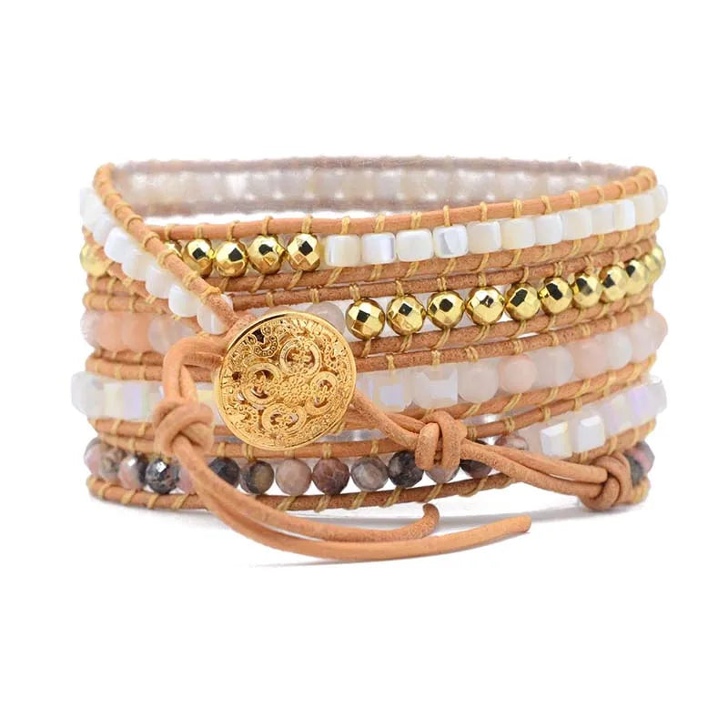 Natural Selenite, Rhodonite & Agate Leather Wrap Bracelet