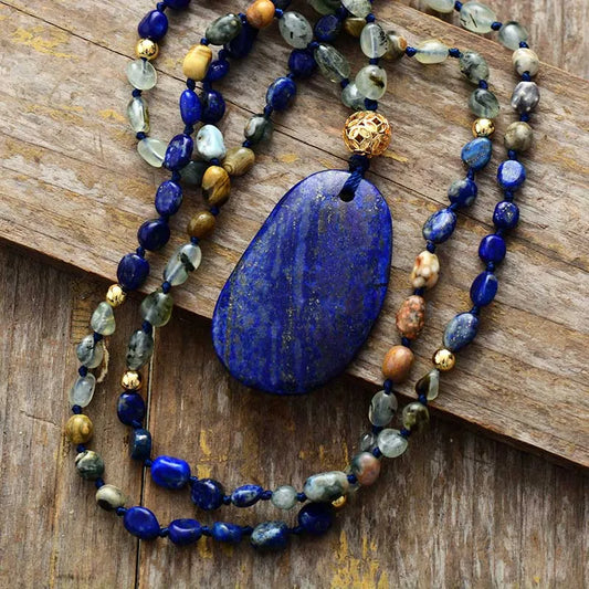 Natural Lapis Lazuli, Prehnite & Agate Bohemian Necklace