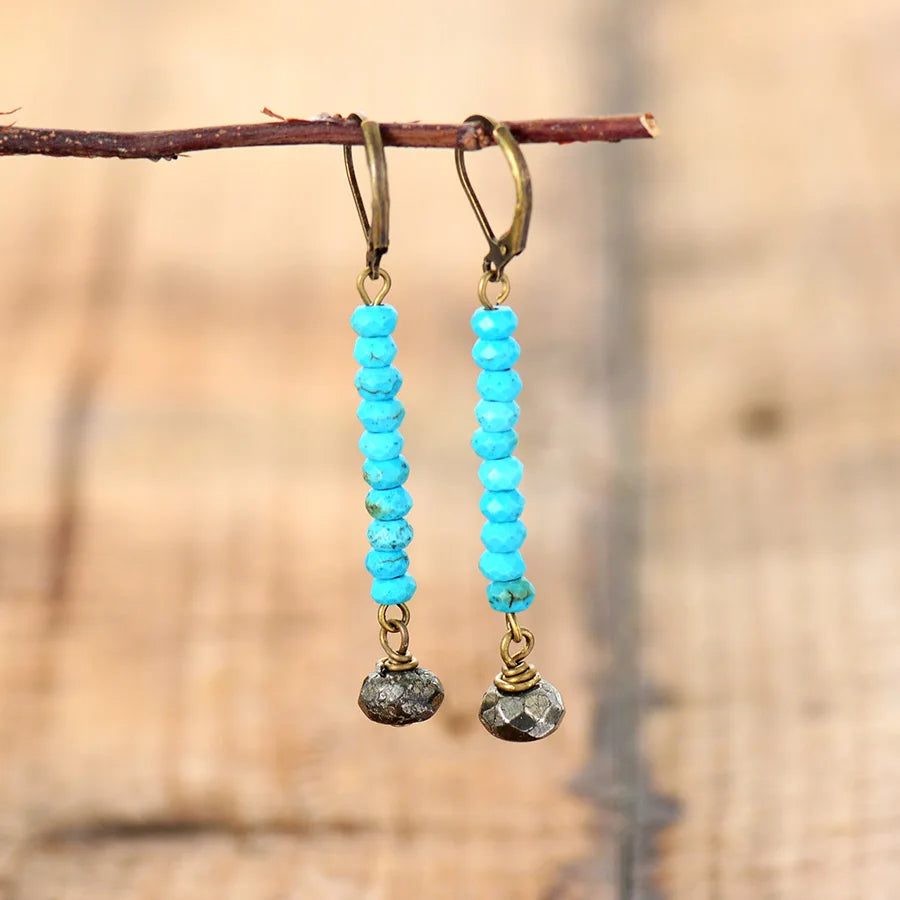 Natural Turquoise & Pyrite Long Earrings