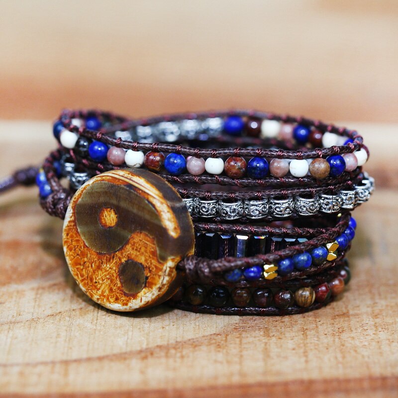 Natural Mixed Stones & Jasper Taijitu Charm Leather Wrap Bracelets