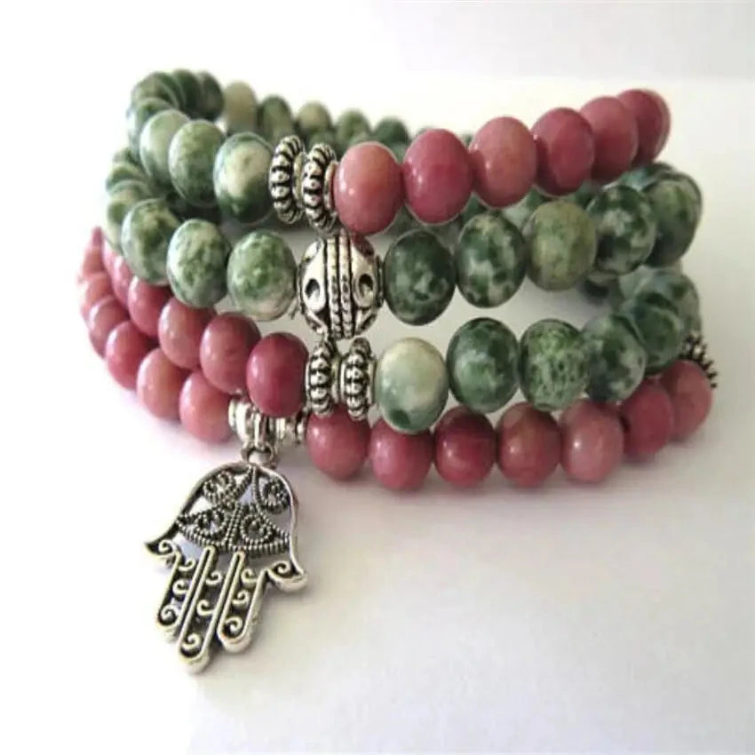 Natural Green Jasper & Rhodonite Hamsa Hand 108 Beads Mala