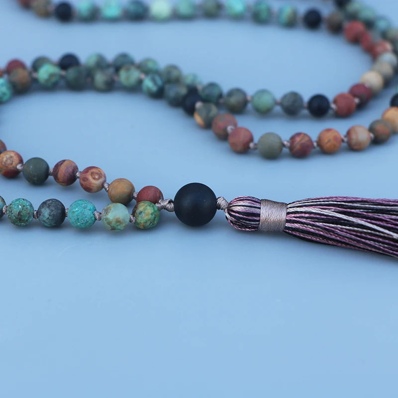 Natural Matte African Turquoise, Picasso Jasper & Onyx 108 Beads Mala