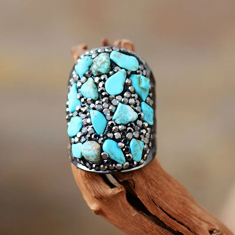 Natural Turquoise & Rhinestone Cuff Ring