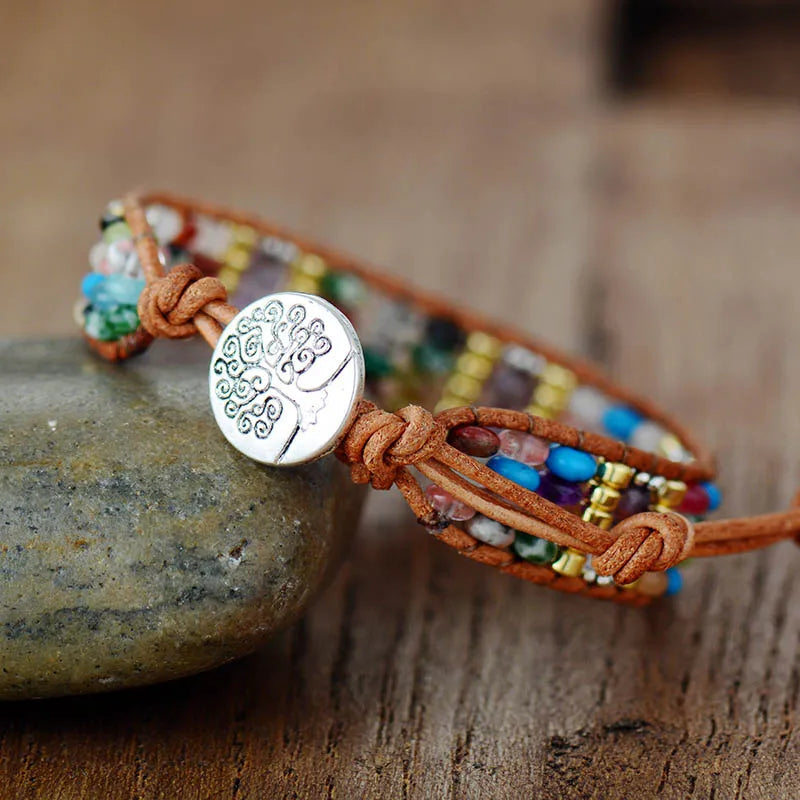 Natural Mixed Gemstones Leather Wrap Bracelet