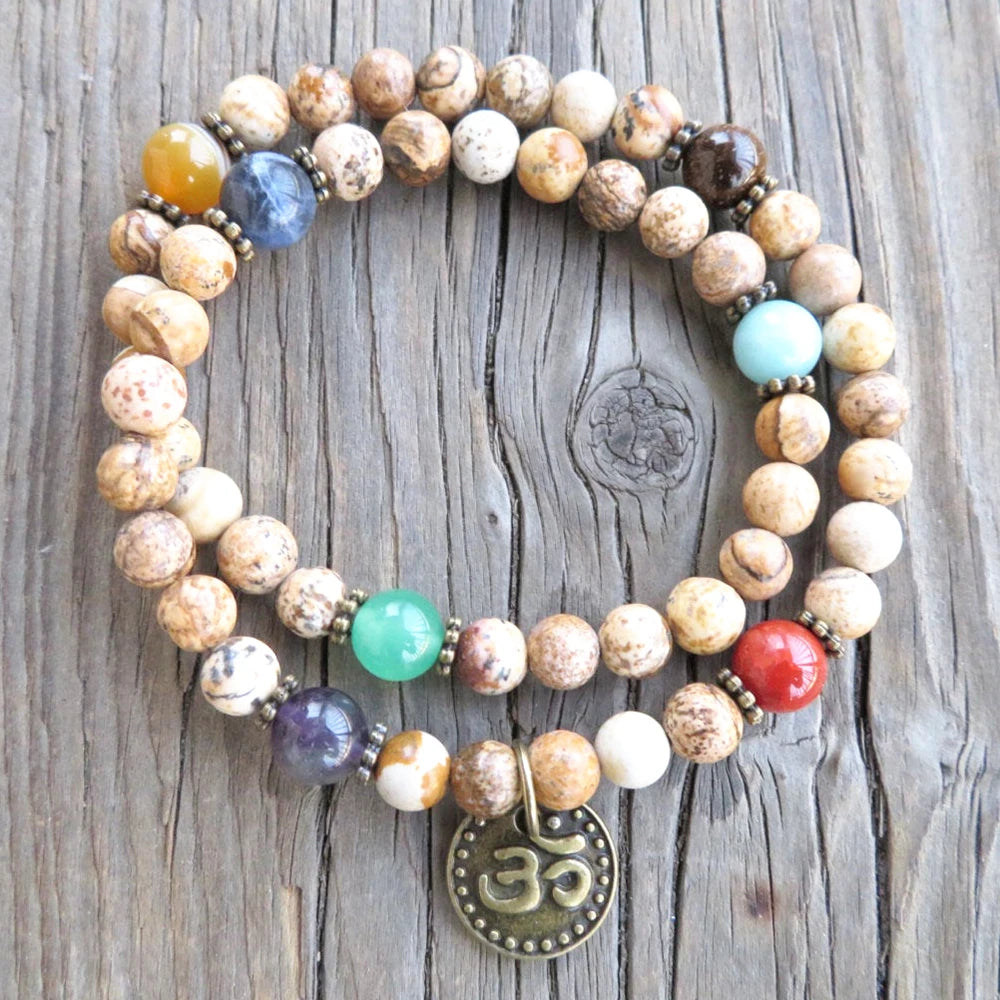 Natural Picture Jasper & 7 Chakras Stones Ohm 54 Beads Mala