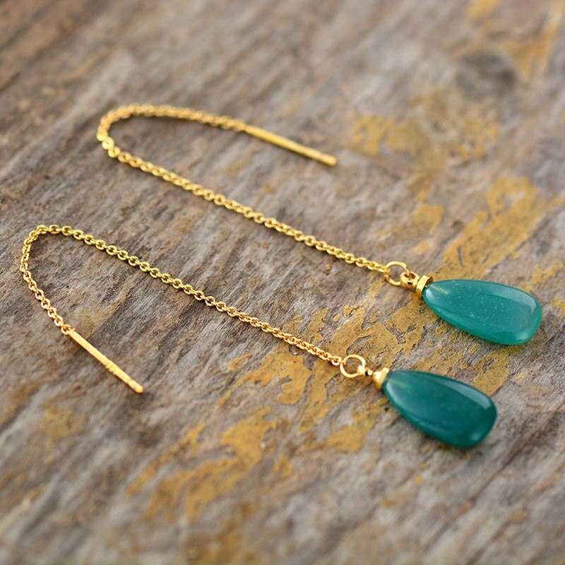 Natural Green Onyx Long Earrings