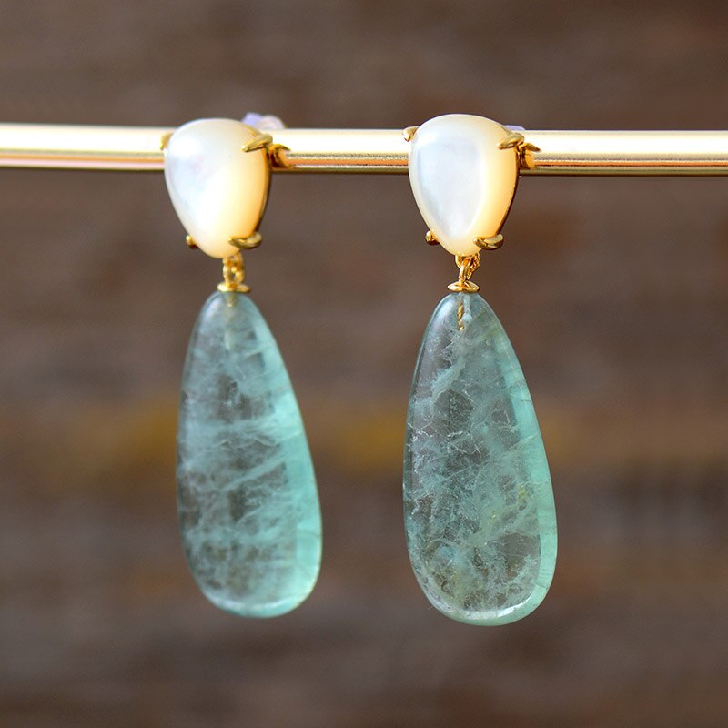 Natural Green Fluorite & Shell Teardrop Earrings