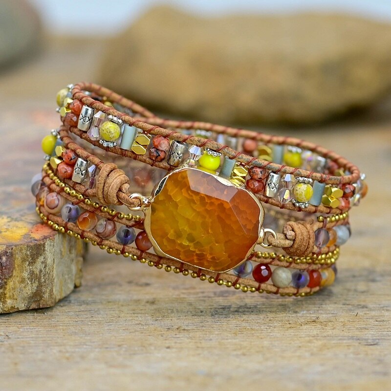 Natural Mixed Agate, Jasper & Orange Agate Charm Leather Wrap Bracelet
